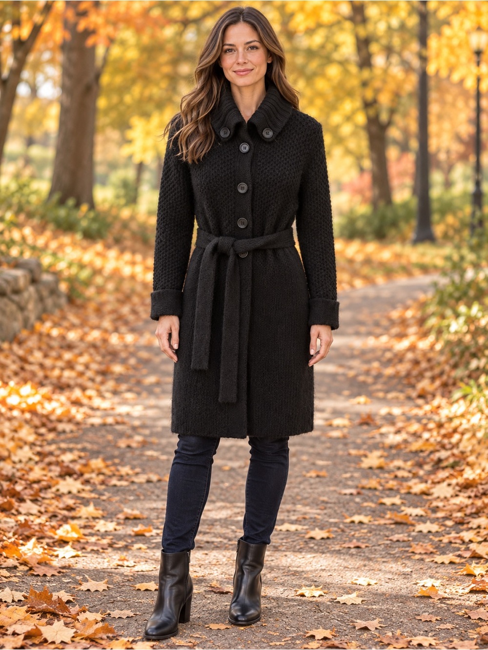 Moda International Black Knit Belted Coat with Button Front